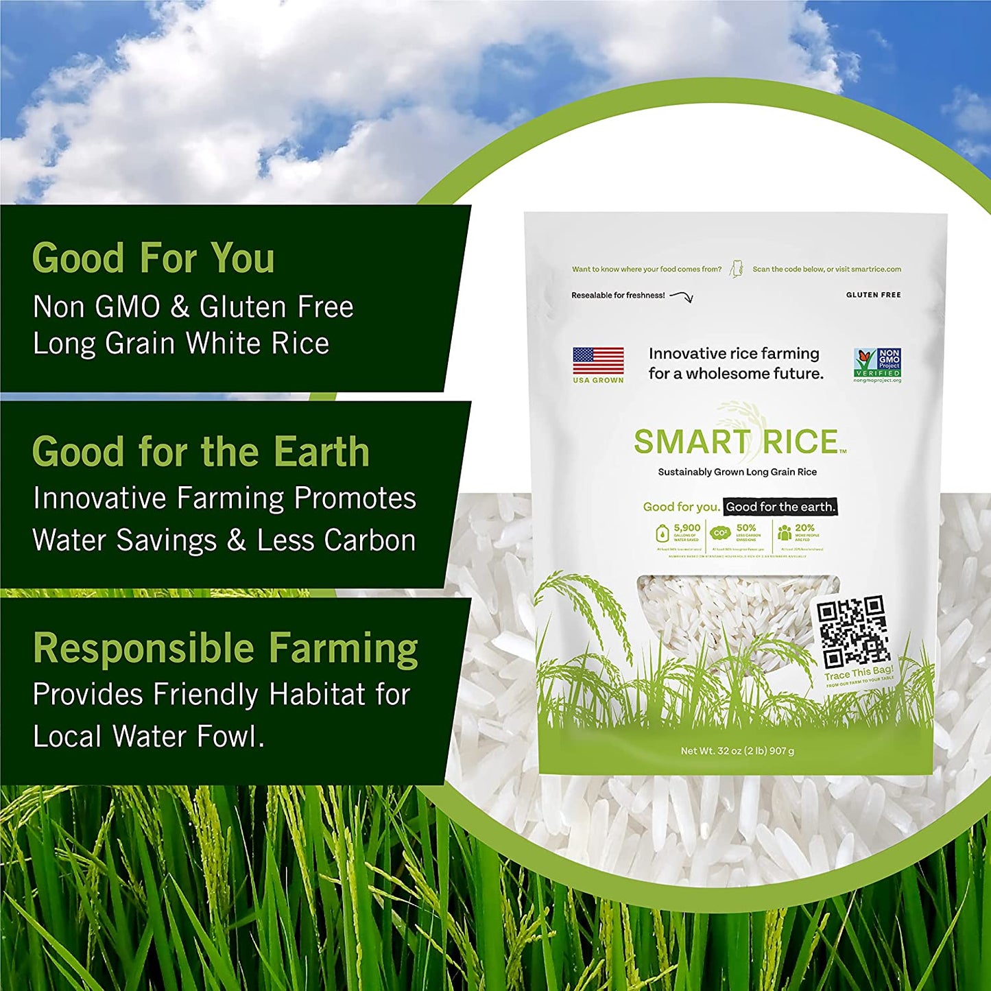 SmartRice - Long Grain White Rice, 12 pack, Gluten-Free, Non-GMO, Grown in the USA, 24lbs, Buy 1 get second one for Free